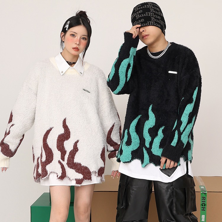 2024 New Autumn and Winter Irregular Hem Design Pullover Sweater American Retro Flame Figure Knitwear for Men and Women