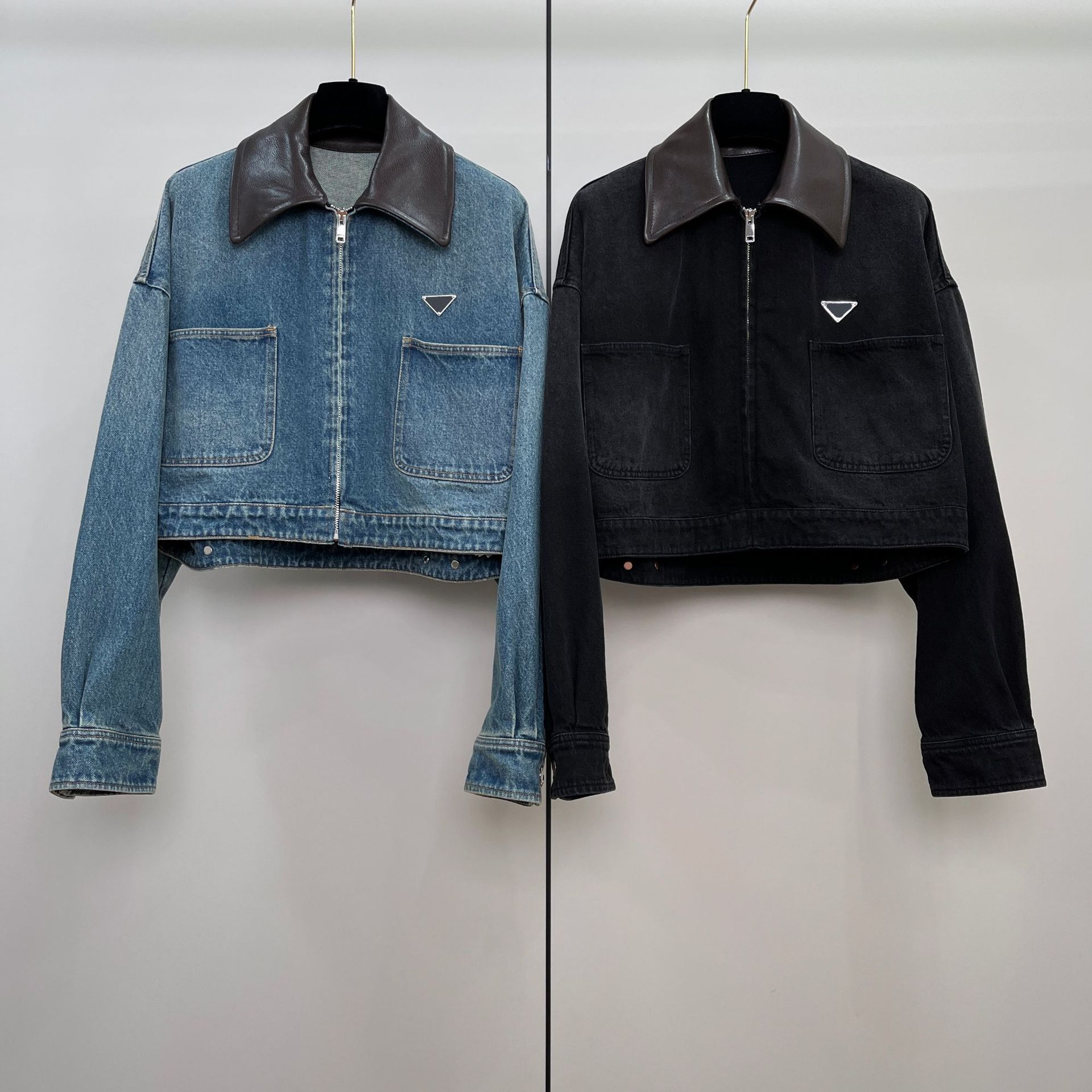 Picture of High-End Heavy-Duty Zipper Denim Jacket for Women with Chest Pocket Triangle Logo Genuine Leather Lapel Short Jacket Top