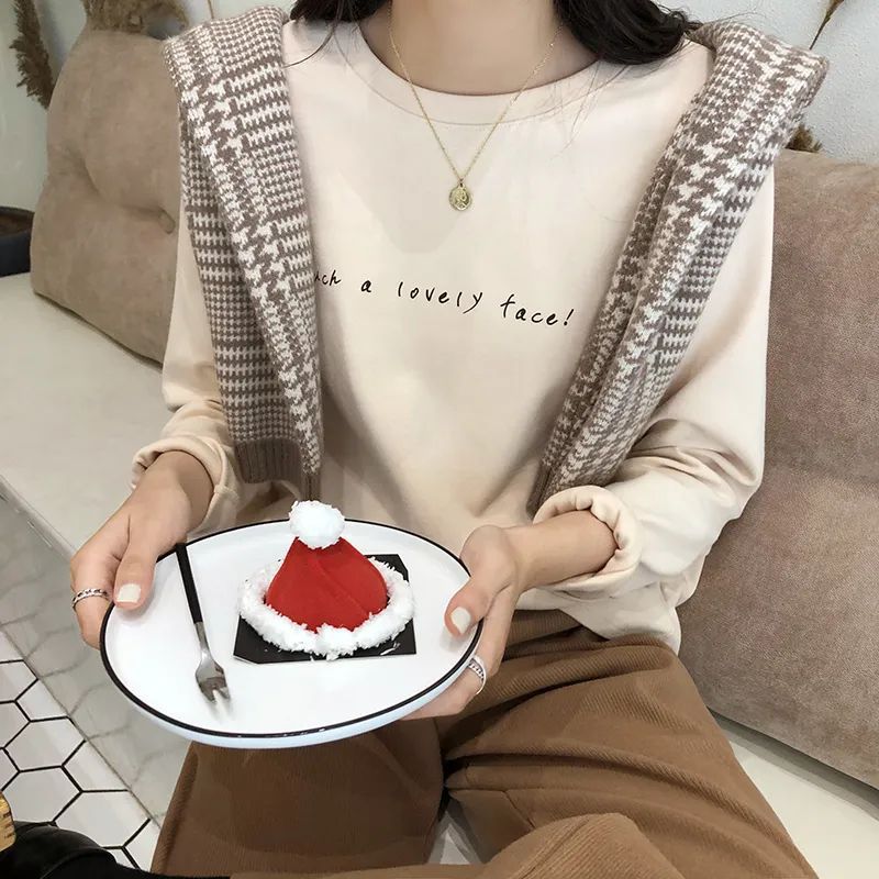 Double-sided Velvet Thickened Autumn and Winter New Long-sleeved T-shirt Women's Korean-style Loose Slimming Printed Round Neck Base Shirt Top