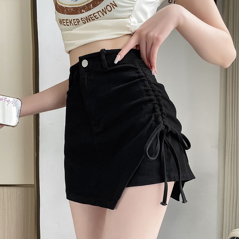 2024 Summer Black Hot Girl Skirt Women's chubby girl Slim Pleated High Waist Irregular A- Line Hip Skirt Pants