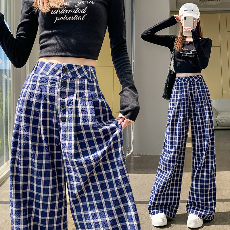 Blue Retro Plaid Casual Pants Women's 2024 Autumn New Loose Lazy Style Wide Leg Straight Design Mop Pants