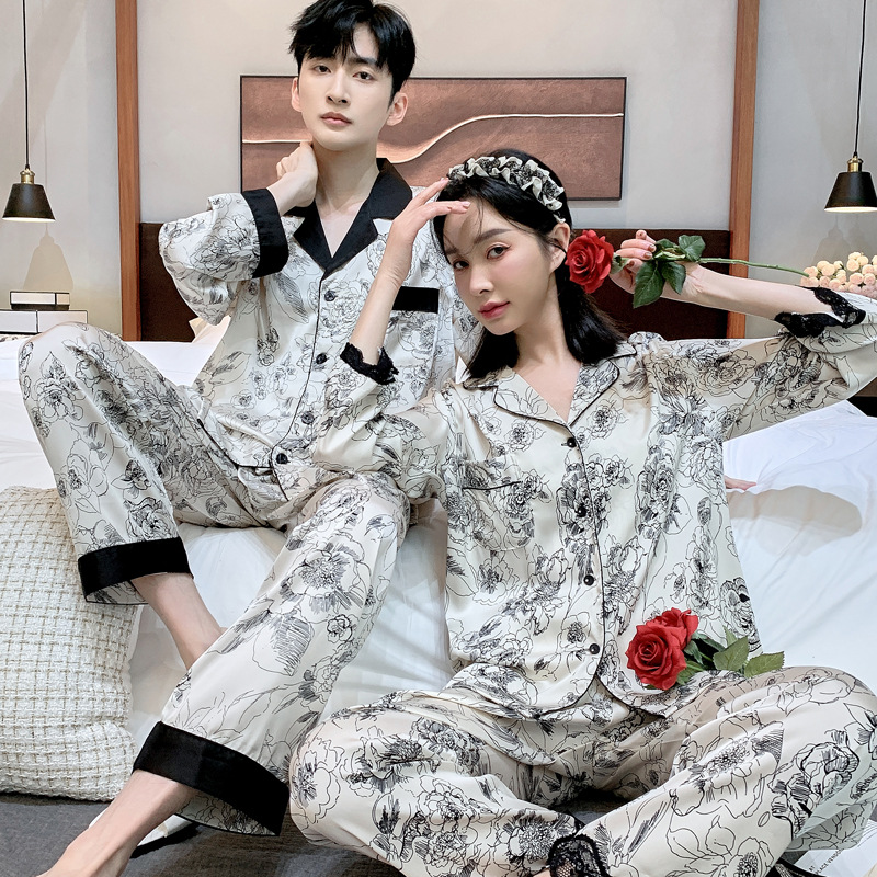 2023 New Satin Couple Pajamas Women's Spring and Autumn Long Sleeve Thin Ice Silk suit Men's Summer Home Clothes