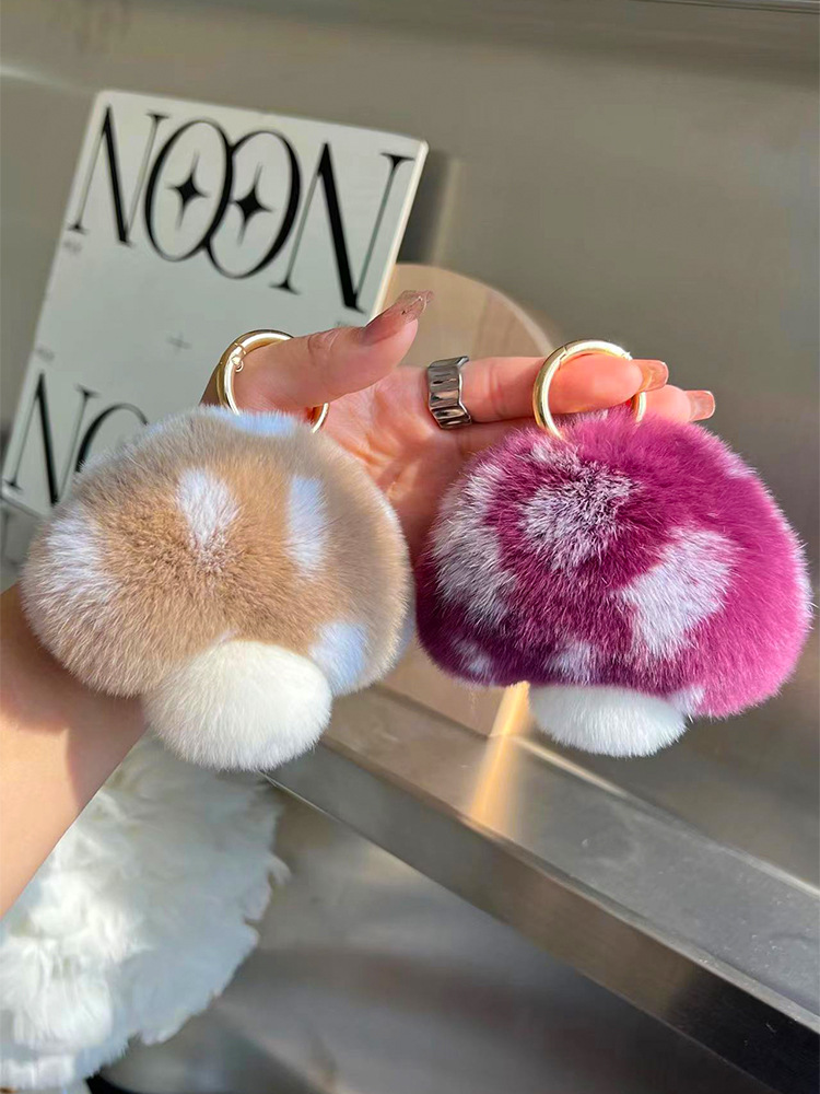 Cute Real Rex Rabbit Hair Mushroom Car Keychain Pendant ins Cyber Celebrity Plush Ball Bag Bag Pendant Gift