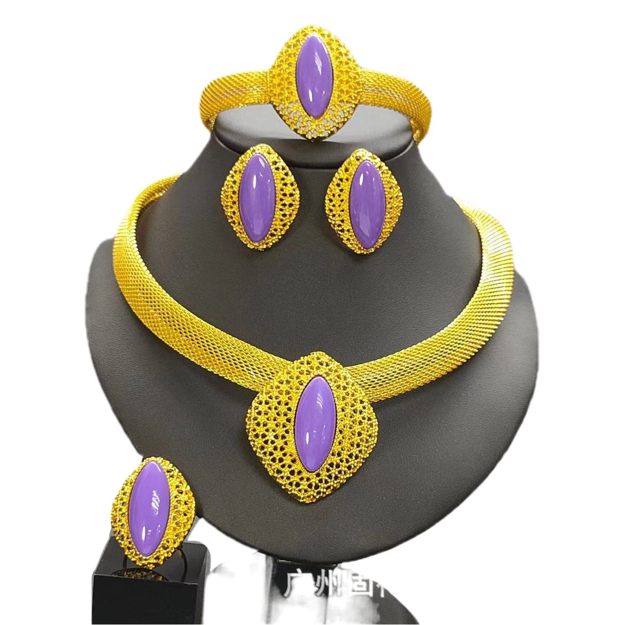 Cross-border Hot Sale 24K Gold Necklace Earrings Bracelet Ring Jewelry Set Middle East Dubai Bridal Jewelry Four-piece Set