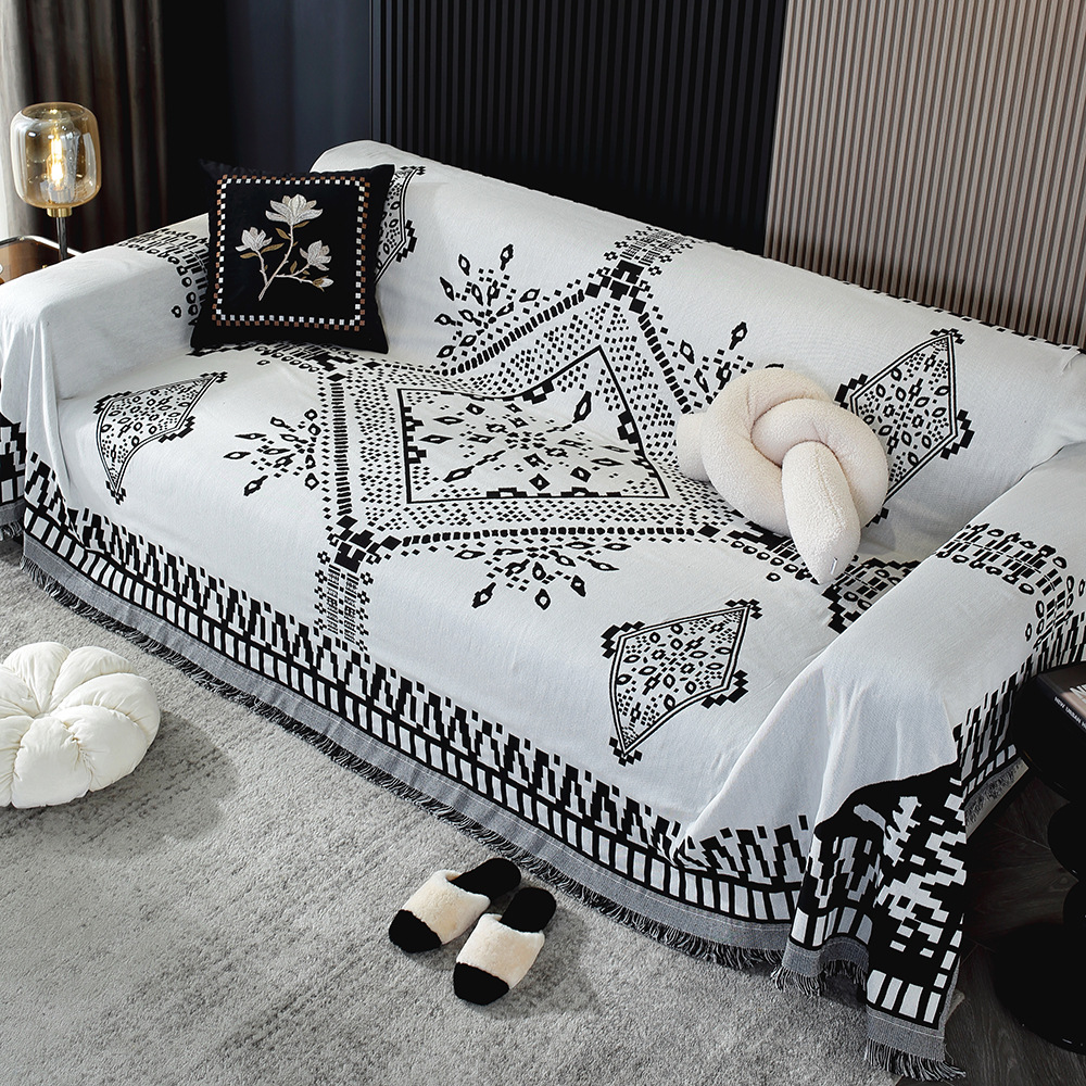 Black and white plaid tassel sofa towel full cover cloth double-sided available cotton yarn cover towel sofa cover four seasons universal sofa cushion