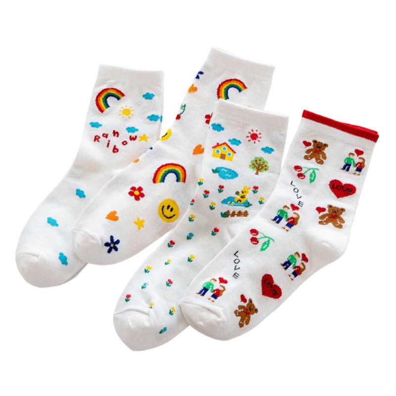 Socks women's socks cotton autumn and winter Japanese cute rainbow love bear women's socks white stockings