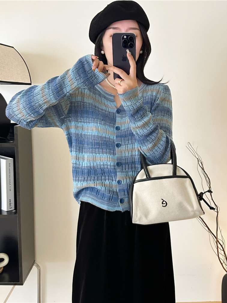 Spring and Autumn Contrast Color Striped Color Knitted Cardigan Top Women's New Casual Loose Hollow Bottoming Top Sun Protection Shirt
