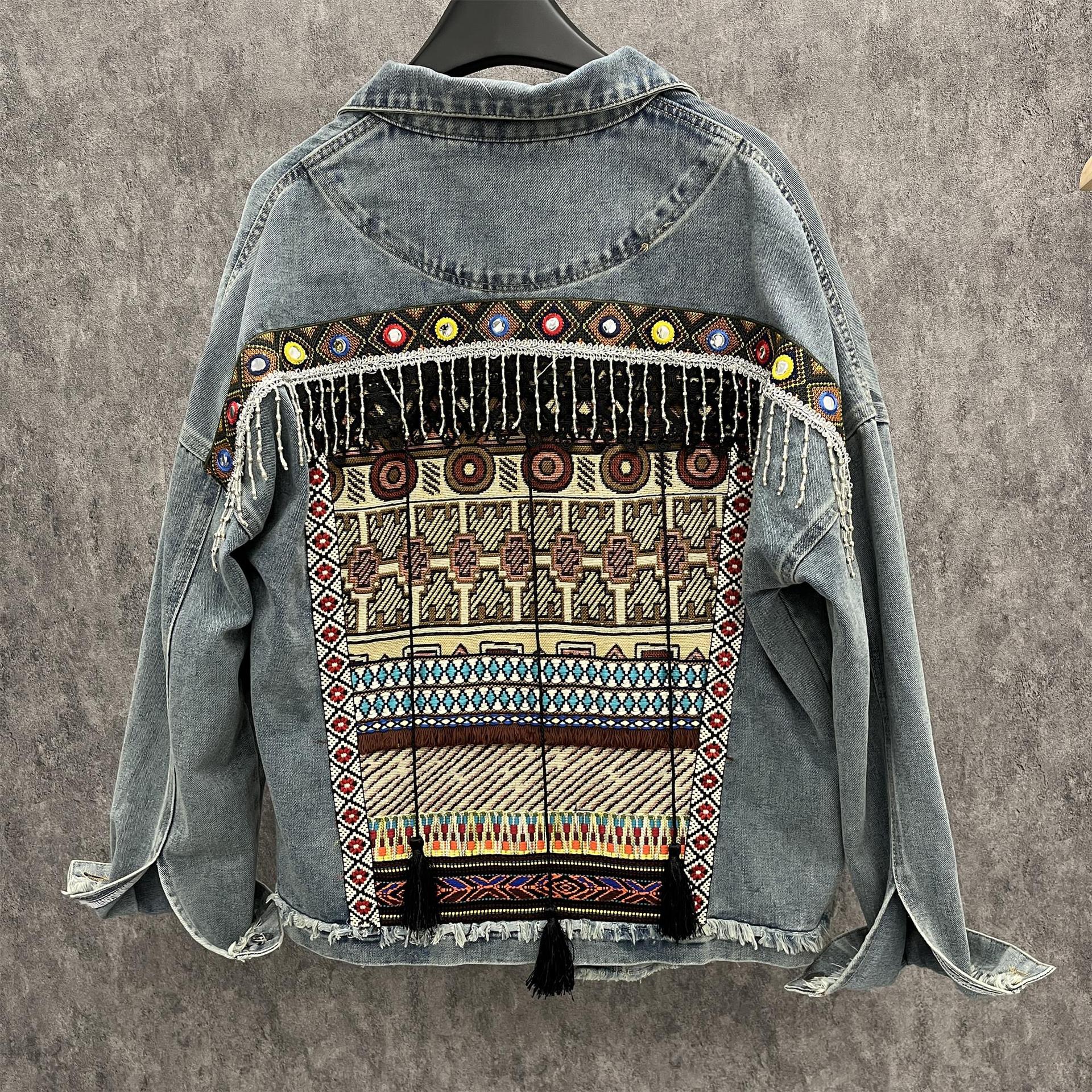 2025 Spring and Autumn New Retro Ethnic Style Embroidery Heavy Industry Tassel Loose Fashion Denim Jacket Women's Easiest for Match