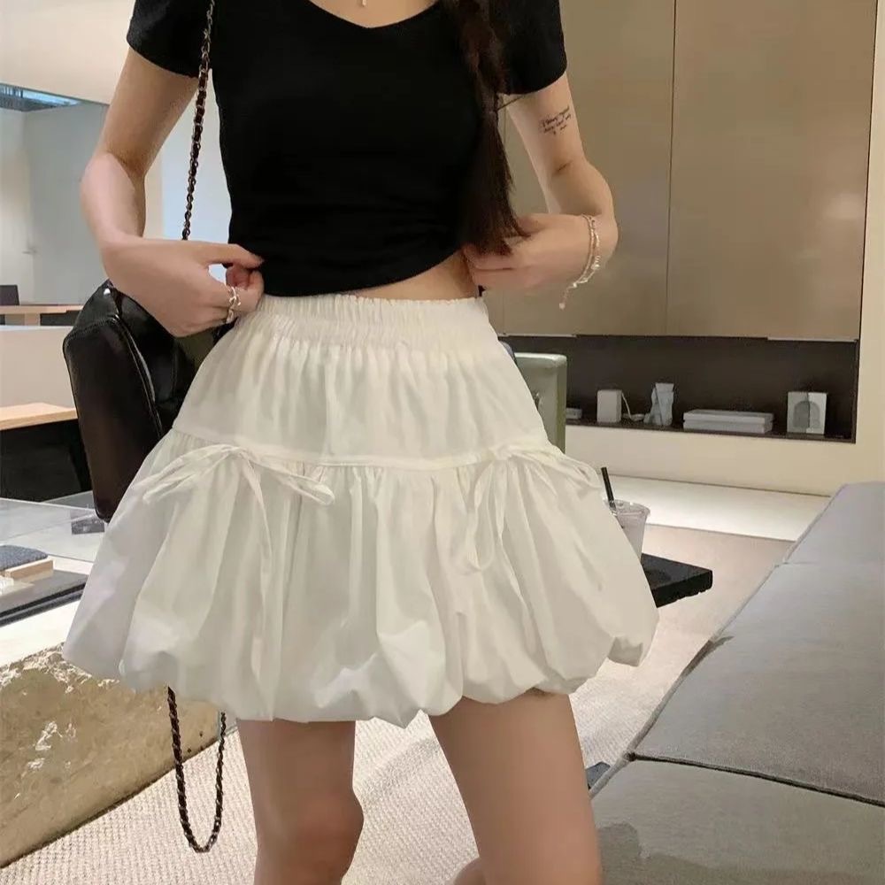Design Bow Strap Poncho Skirt White Skirt Women's Summer Sweet Style Short Skirt Flower Bud Skirt
