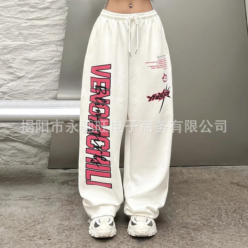 White Sports Trousers American Quick-drying Wide-legged Sweatpants Women's Summer Harajuku Hip-hop y2k Printed Women's Drawstring Cross-border