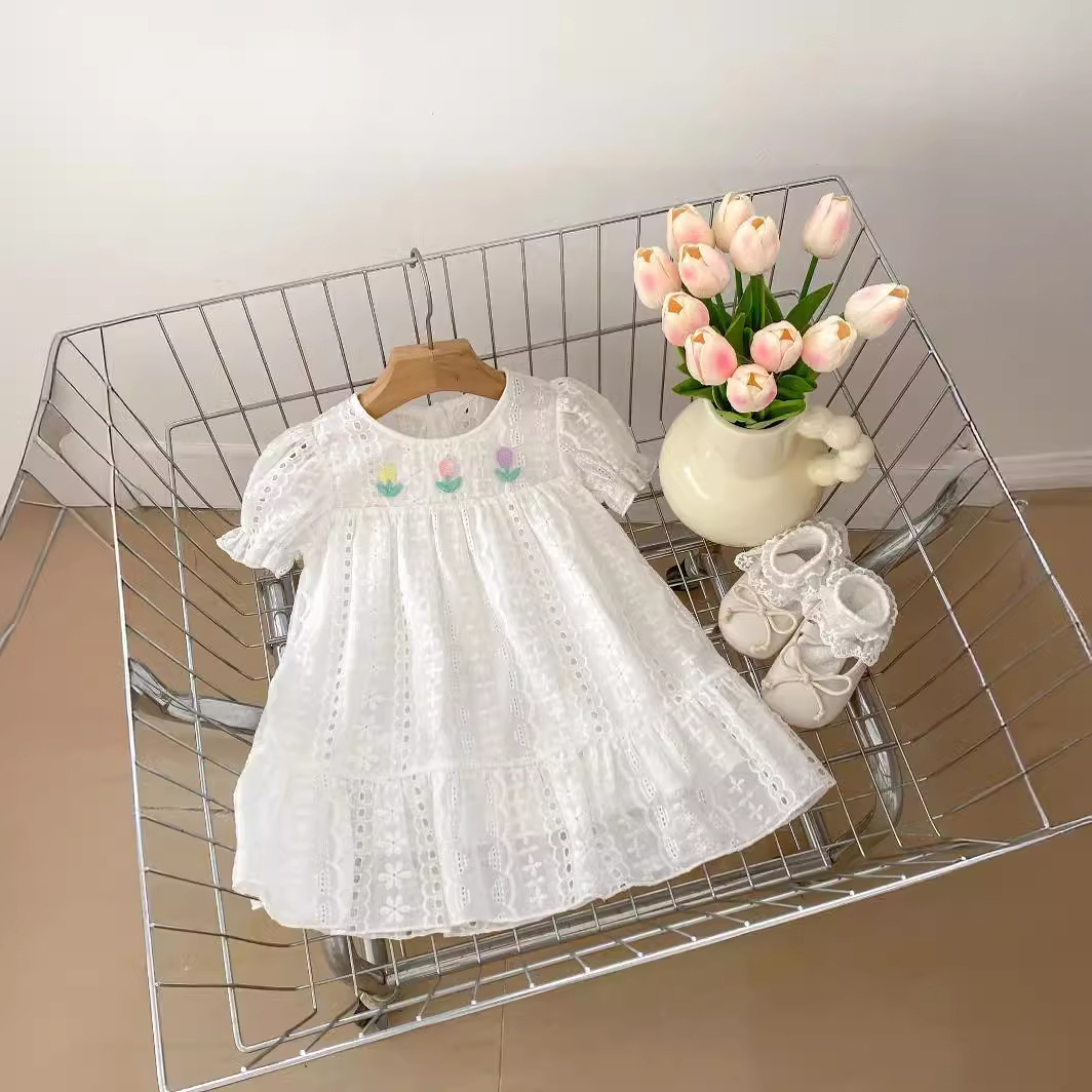2025 Summer Girls Short Sleeve Lace Princess Skirt Sweet Flower Embroidery Ruffle Children's Dress