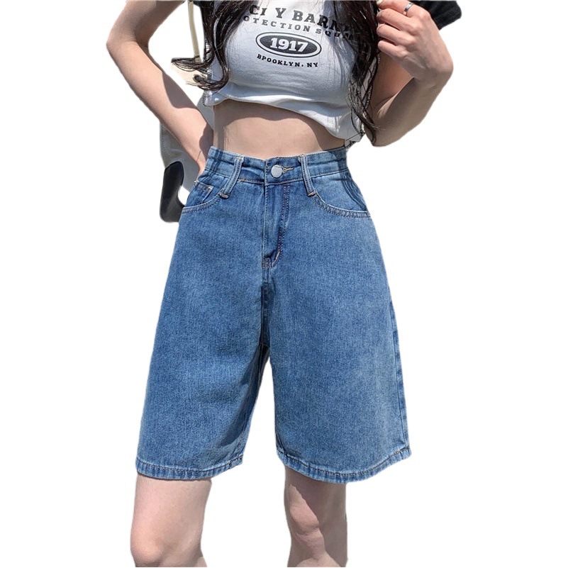 Denim shorts women's summer thin 2022 New plus size high waist straight pants loose casual wide leg shorts
