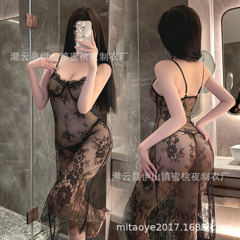 Sexy lingerie sexy mesh see-through lace suspender dress hot sheer slit dress pajamas one generation
