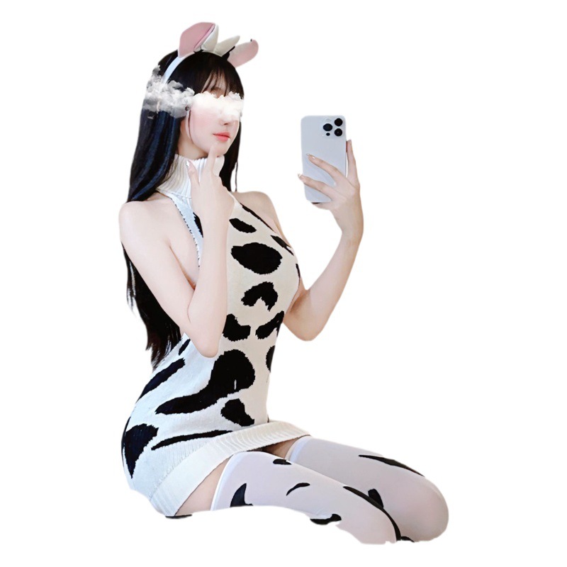 Sexy Lingerie Women's Sexy Cow plus size Bag Hip Backless Cow Sling Turtleneck Knitted dress Hair