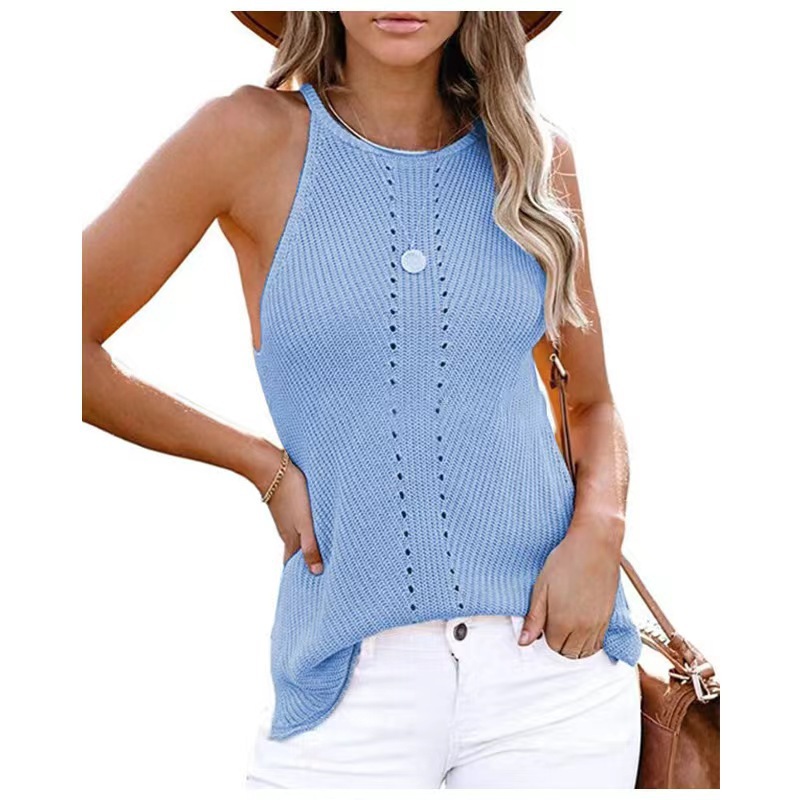 Picture of 2023 Shiying European and American Women's Spring and Summer Sleeveless Beach Clothes Solid Color Neck-Hanging Knitted Loose Neck Vest
