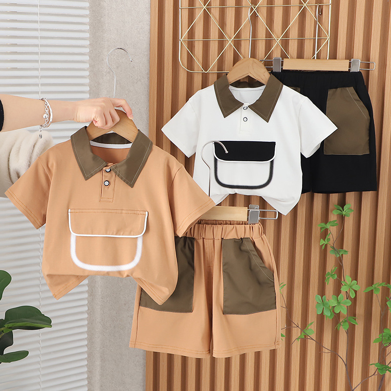 Boys lapel color matching large pocket short sleeve casual cotton pants new summer two-piece factory wholesale