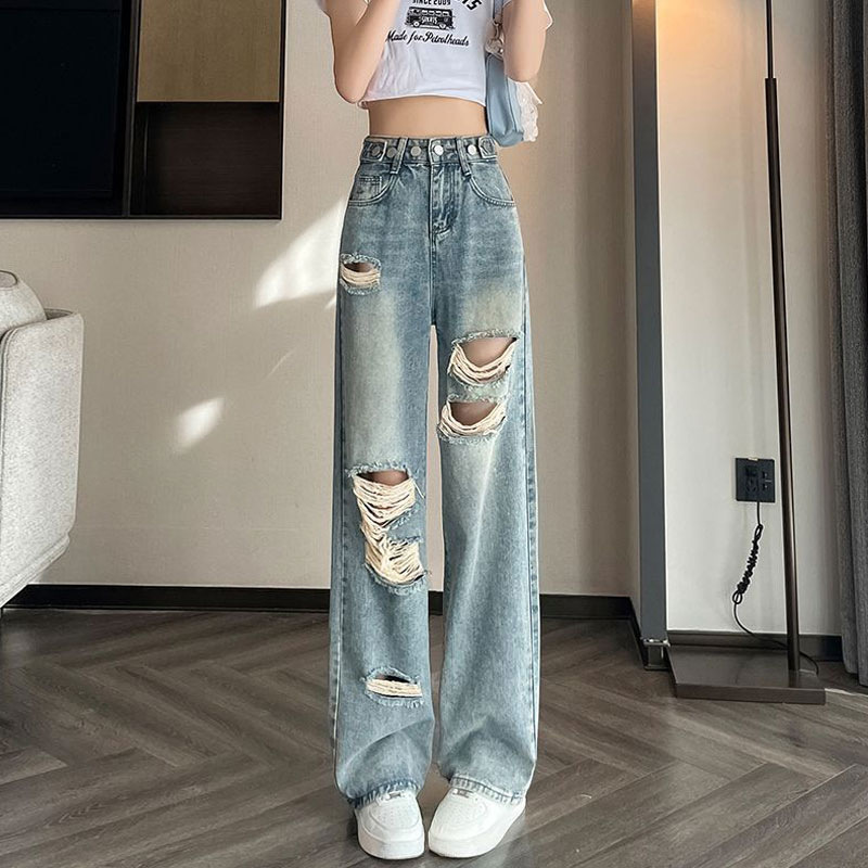 Adjustable Multi-button Wide-leg Jeans Women's Beggar Design Ripped High Waist Casual Dipped Straight Pants