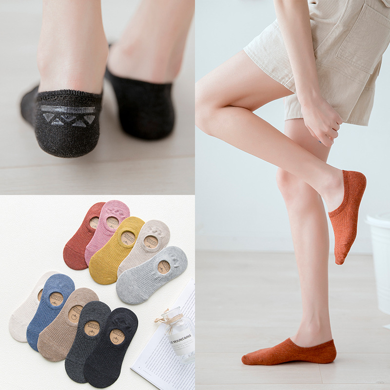 Solid Color Cotton Socks for Women Spring and Summer Shallow Strips Versatile Invisible Boat Socks Silicone Non-Slip Breathable Women's Socks Wholesale