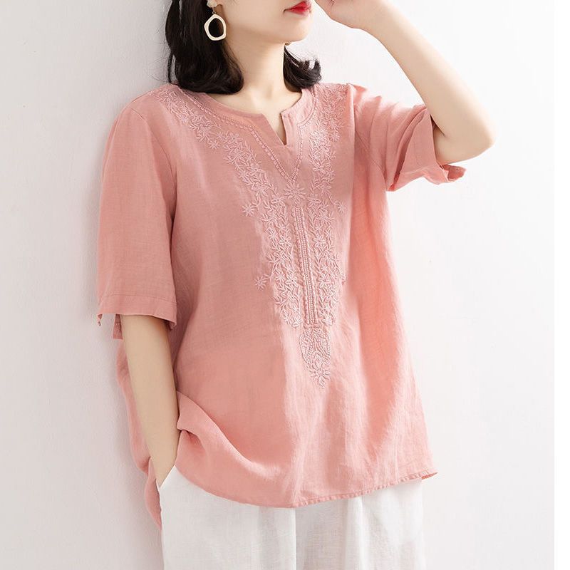 Picture of Pure Cotton V-Neck Summer New Cotton and Linen Shirt Women's Literary Loose Pullover Embroidered Short-Sleeved T-Shirt Women's Embroidered Top Trendy