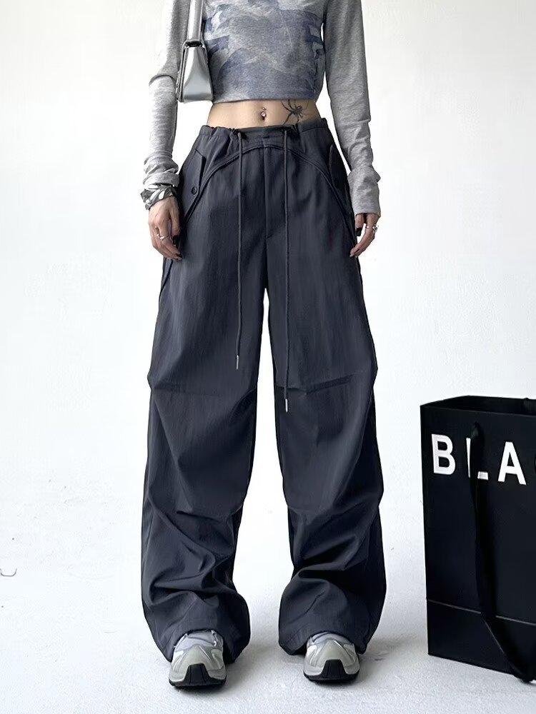 Picture of American-Style Cargo Pants for Men and Women, Summer New Drawstring Pleated Loose Casual Straight-Leg Parachute Pants