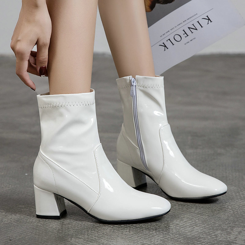 Foreign trade new short boots black patent leather square toe side zipper chunky heel women's boots plus size stretch boots Martin boots thin boots