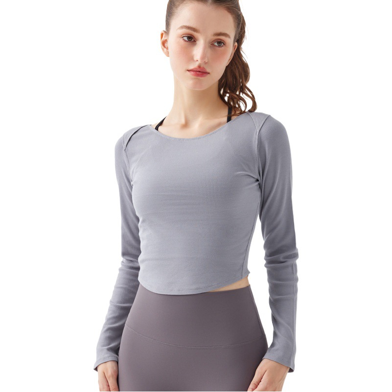 Picture of Beautiful Back Ribbed Long-Sleeved Yoga Clothes for Women in Autum High-Elastic Slimming Look Fitness Clothes Running Pilates Sports T-Shirts