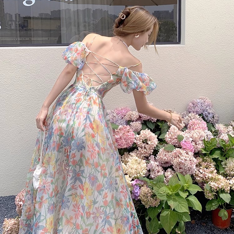 High-grade Floral dress 2025 Summer Vacation Seaside Beach Dress Backless Design Birthday Dress
