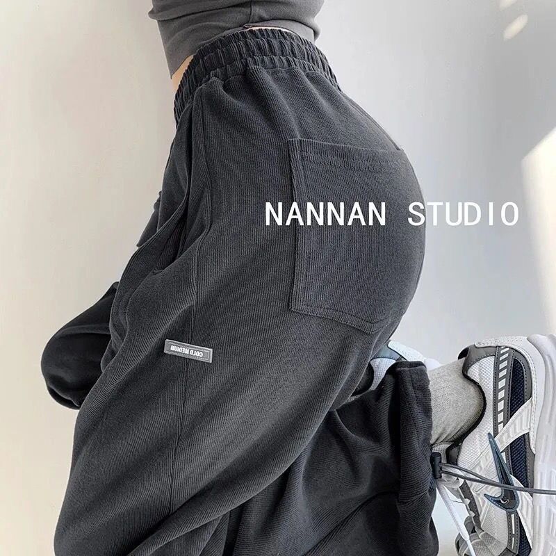 Street-Style American Letter Loose Sweatpants for Women, Casual Jogger Pants, Autumn and Winter Gray High-Waisted Straight-Leg Sweatpants, Trendy on Instagram
