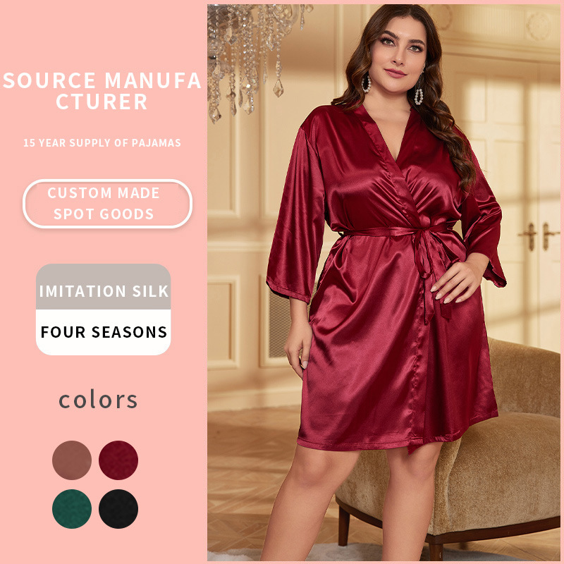 New Women's Nightgown Ice Silk Cardigan Lace-up Bathrobe Sexy Silk Loose Home Clothes Women's Printed Pajamas