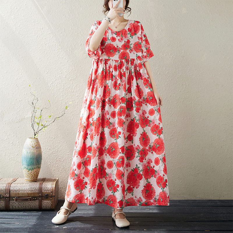 Summer New Large Size Women's Dress Crewneck Pullover Wide Long Dress for New Year's Mother's Dress for Foreign Trade