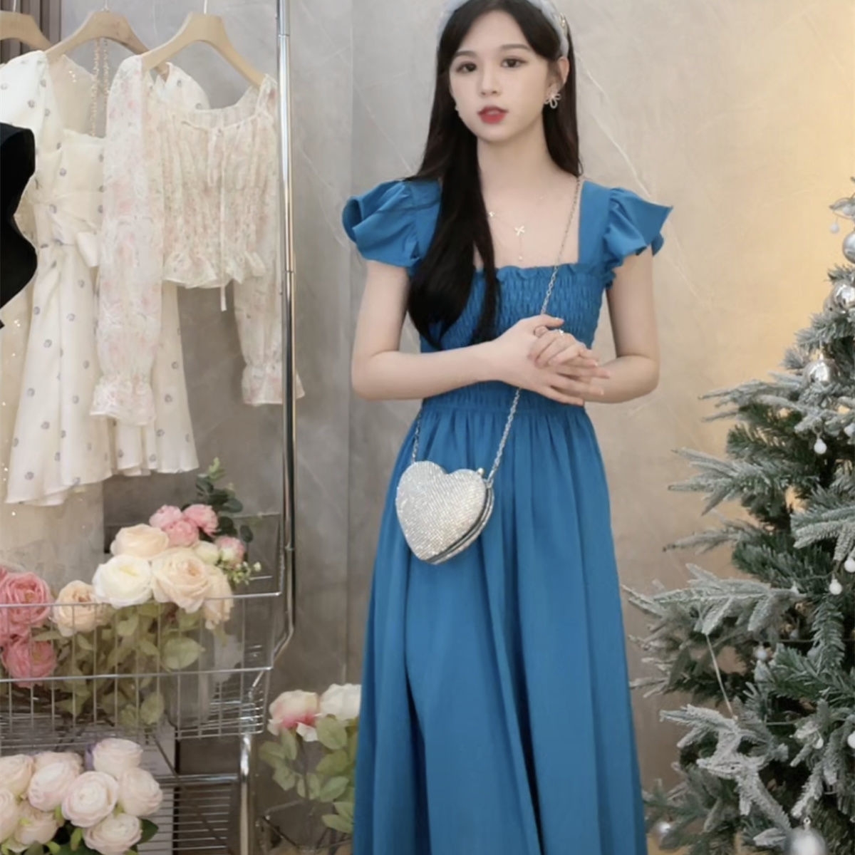 2023 Summer New French Style Elegant Small Flying Sleeve Pleated Waist Dress Square Collar Tea Break Midi Dress