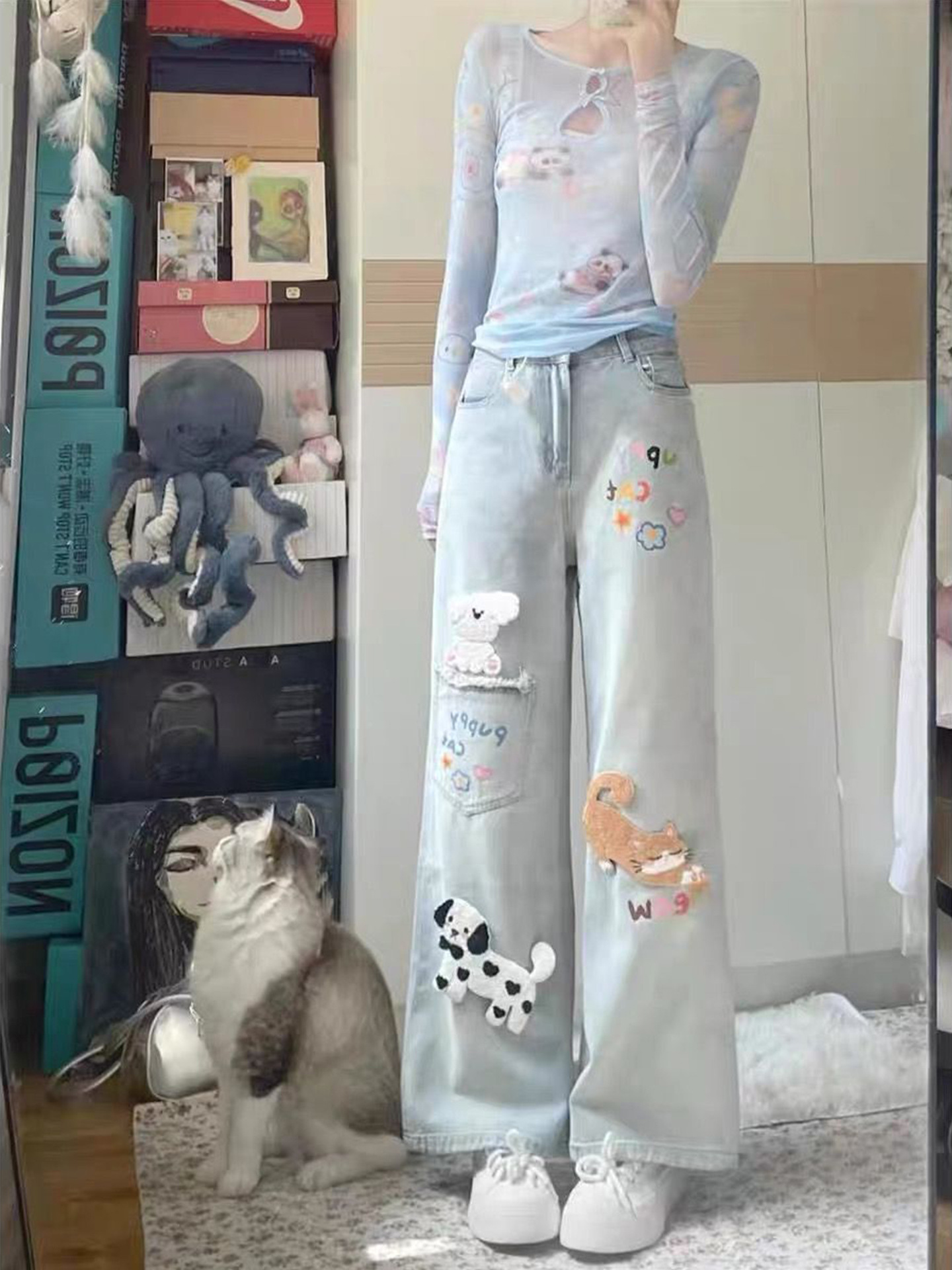 Japanese Style Cartoon Puppy Sticker Straight Leg Jeans Women's 2024 Autumn and Winter New High Waist Slimming Wide Leg Pants