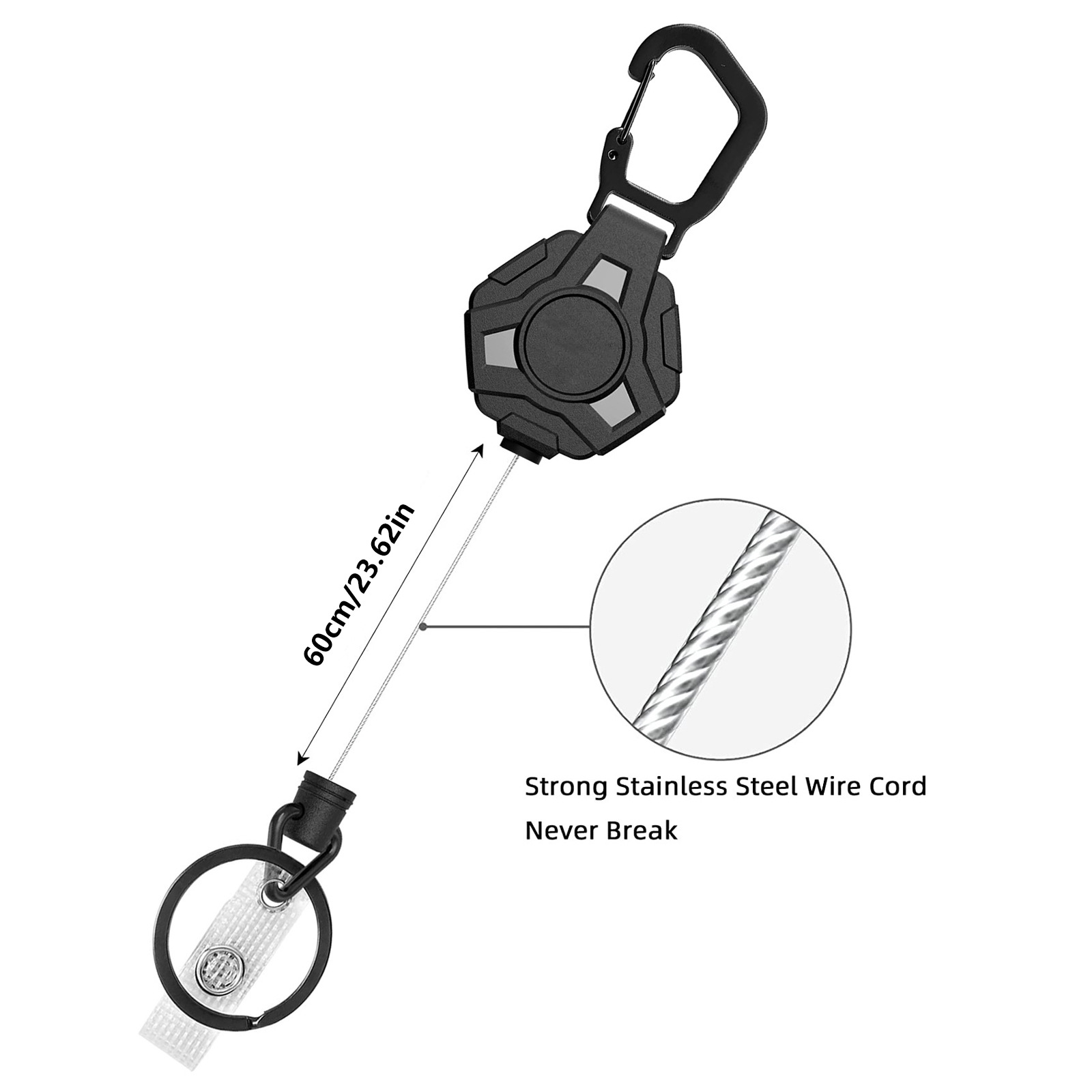 Picture of Black Polygonal Stainless Steel Spring Carabiner Easy-Pull Buckle Wire Rope Telescopic Anti-Lost and Anti-Theft Keychain