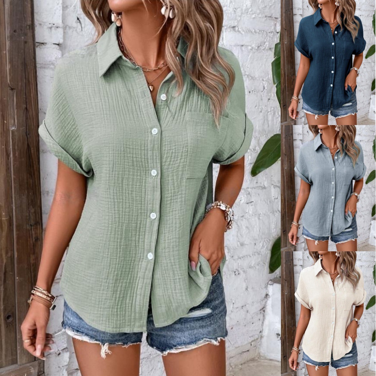 Cross-border 2024 Amazon Summer New European and American Women's Shirt Solid Color Casual Bat Sleeve Button Shirt for Women