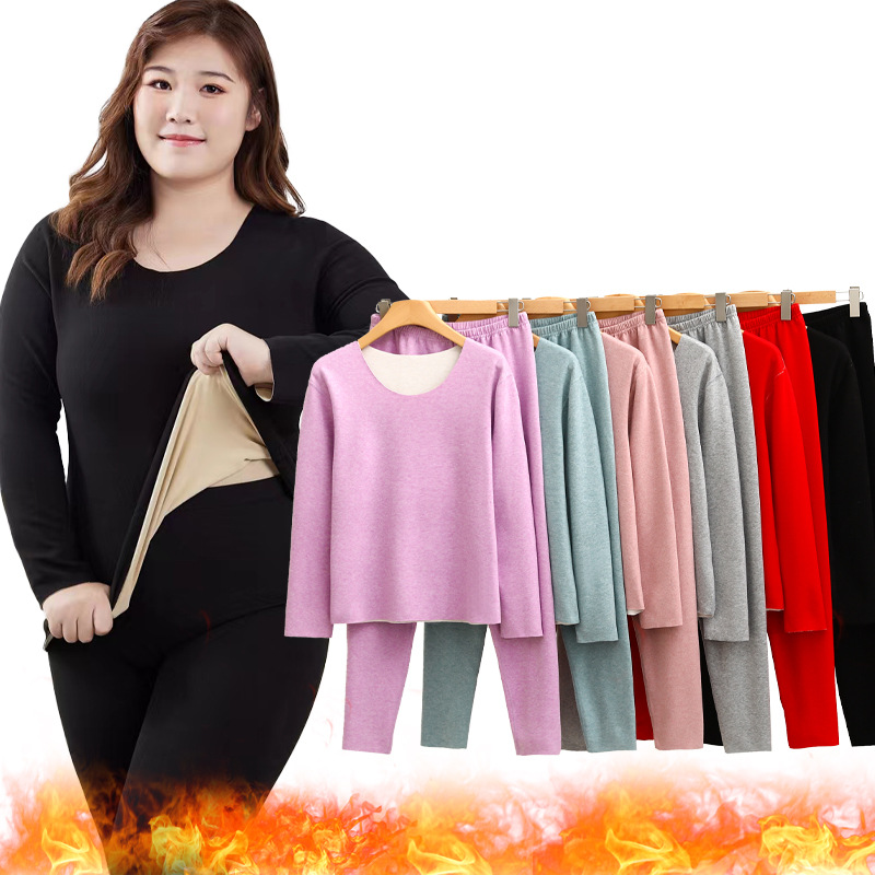 Extra Large plus big fat mmm warm thickened suit autumn and winter silk AB surface seamless warm autumn clothes long pants suit for women