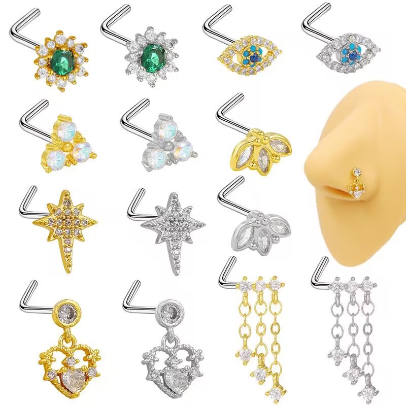 Picture of Gabe Europe and the United States cross-border heart pendant zircon puncture nose nail bee nose ring L rod nose nail puncture factory outlet