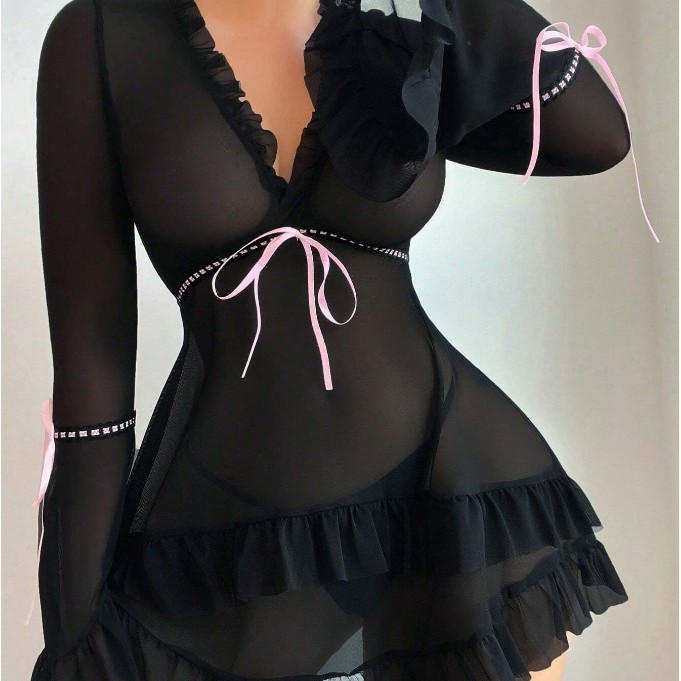 Cross-Border Foreign Trade European and American New Sexy Lingerie Sexy Women's Lace Mesh Spotted Skirt Nightgown Pajamas Sexy Suit