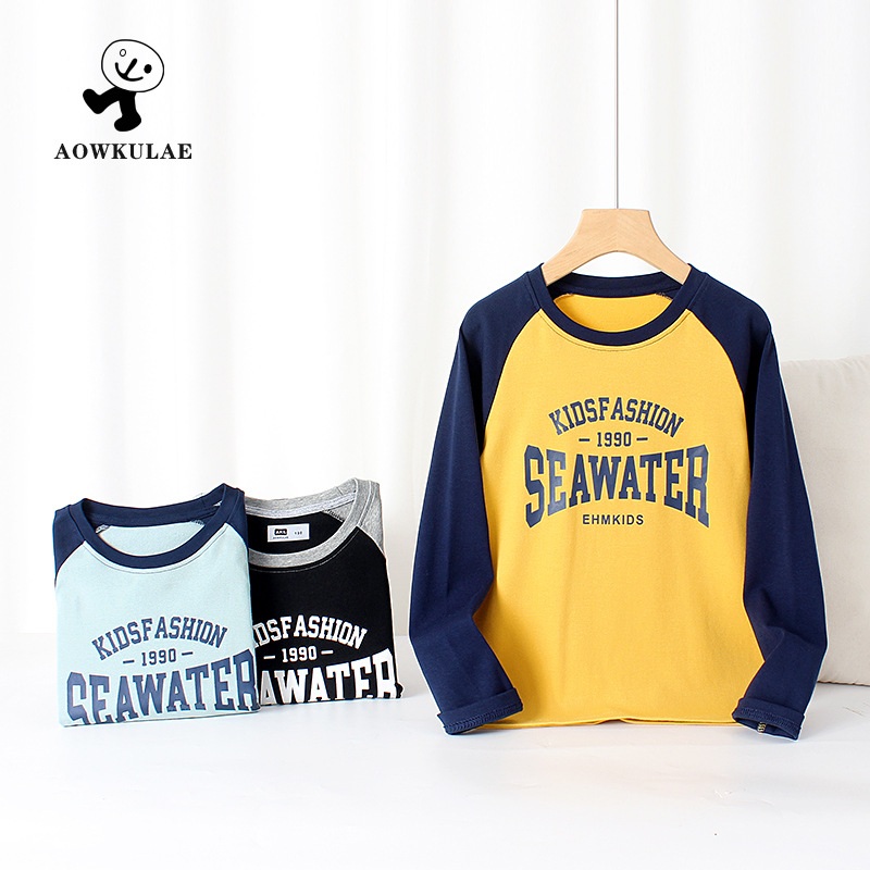 Picture of Spring and Autumn Korean Style New Children's Long-sleeved T-shirt Large Children's All-match Raglan Cotton Cashmere Top Boys' Base Shirt