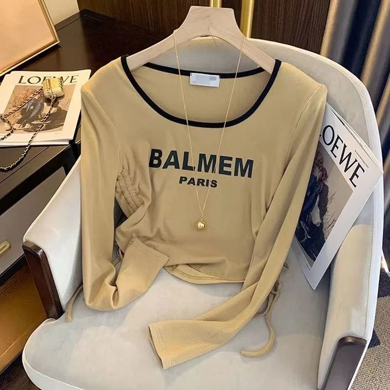 Contrast Color Letter Drawstring Tight Waist Shoulder T-Shirt Women's 2024 Early Autumn Clavicle Sexy Spice Girl Long Sleeve Short Top