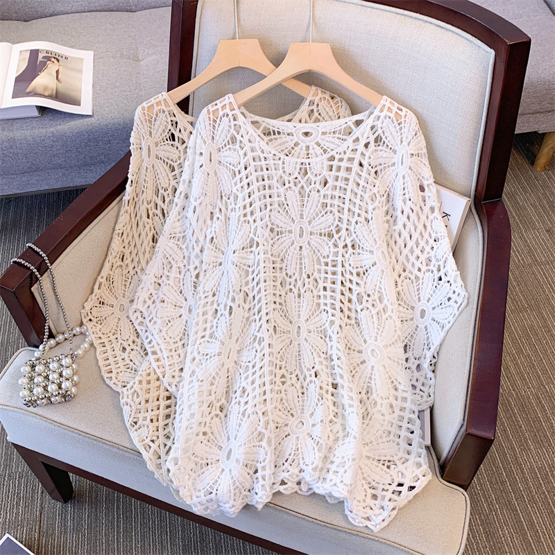 2024 summer new plus size women's chubby girl French hollow crochet sunscreen blouse thin wool sweater top