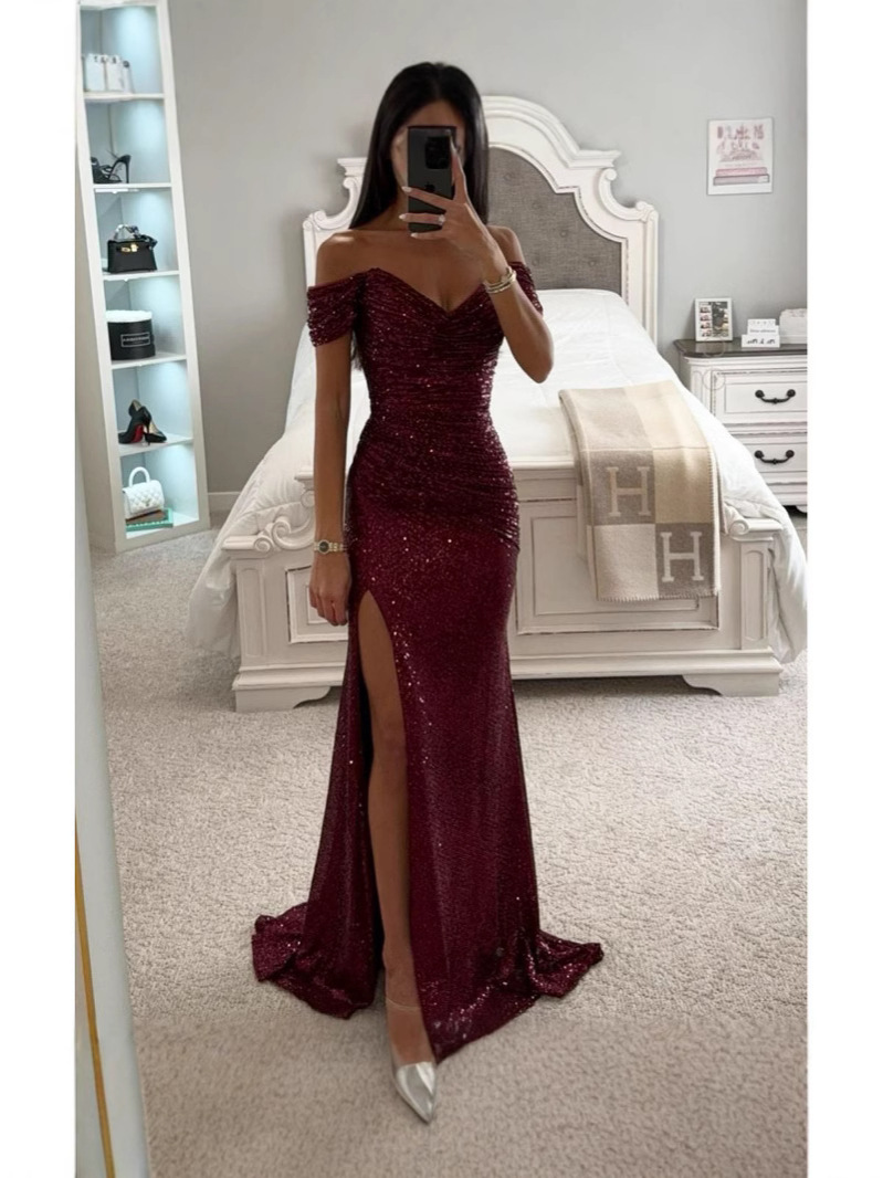 Picture of Cross-border Hot Selling Foreign Trade Women's Clothing Independent Station Polyester Sexy Fine Away Fork Ball Dress Sequin dress New Product