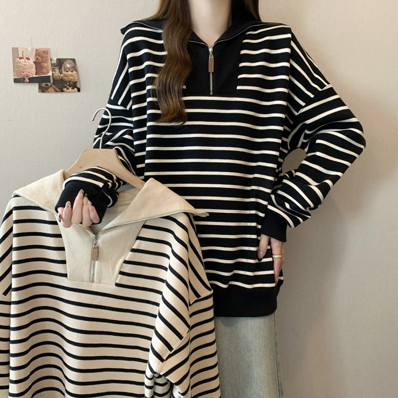Picture of 2024 Spring and Autumn New Navy Collar Casual Sweater Women's Striped Shirt plus size Design Niche Long Sleeve T-Shirt Top