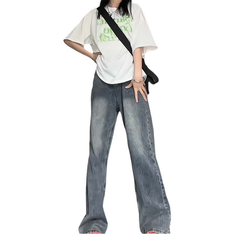 American Style Retro High Street Jeans Women's Autumn New Style Petite Design Sense Niche High Waist Wide Leg Straight Pants