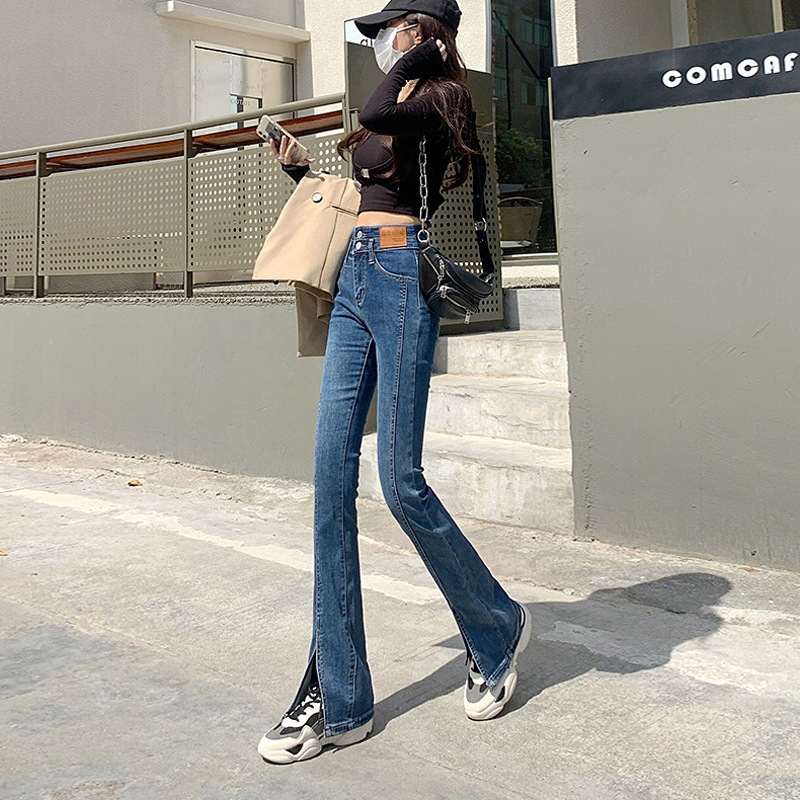 Picture of High waist stretch slim-fit split skinny jeans women's design new light-colored straight slimming flared mop pants