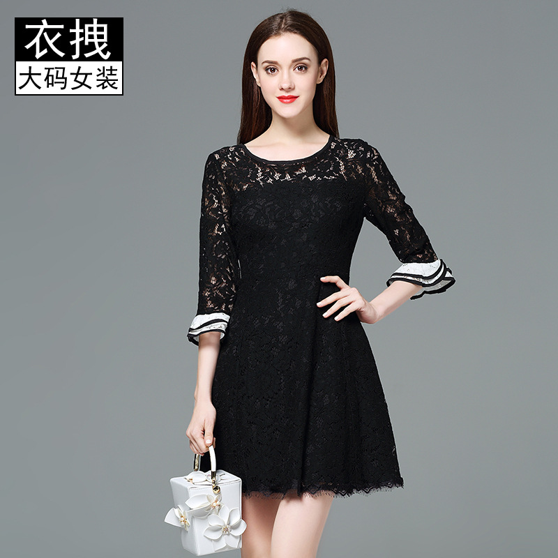 TAOYIZHUAI brand large size lace skirt contrast casual lotus leaf sleeve eyelash lace dress 200kg