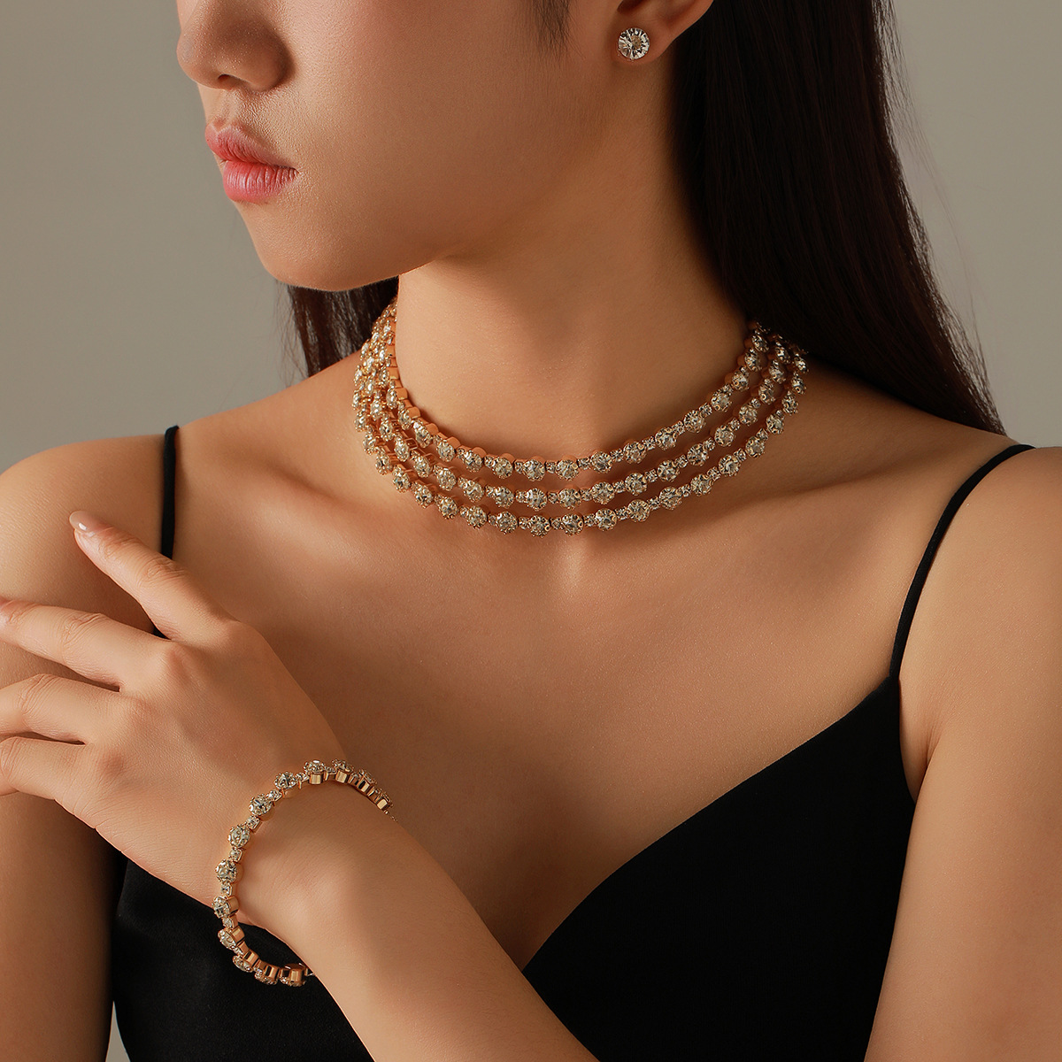 Europe and the United States cross-border bridal jewelry suit fashion necklace earrings bracelet full diamond wedding three-piece set manufacturers wholesale