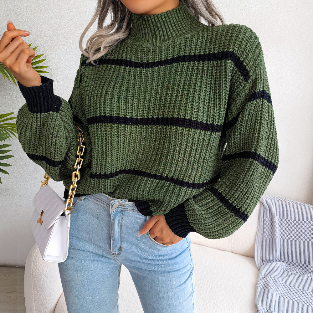 Picture of Real Shot of 2025 Autumn and Winter European and American Casual Stripesd Lantern Sleeve Half Turtleneck Knitted Sweater Amazon Cross-Border Women's Clothing