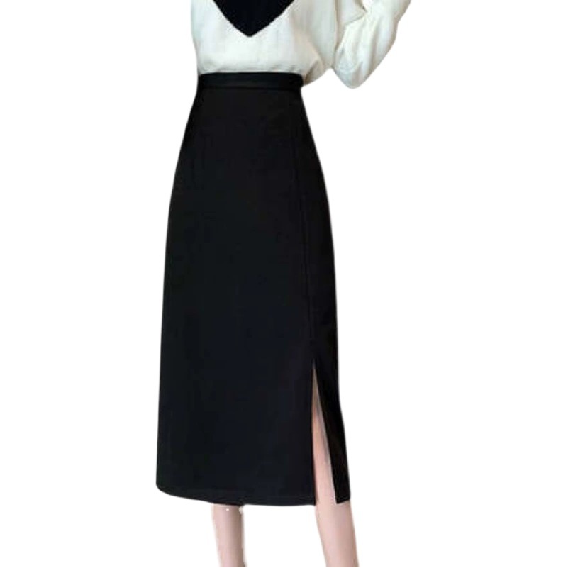 Black split high waist sheath skirt mid-length skirt autumn and winter women's 2023 new A- line one-step skirt straight