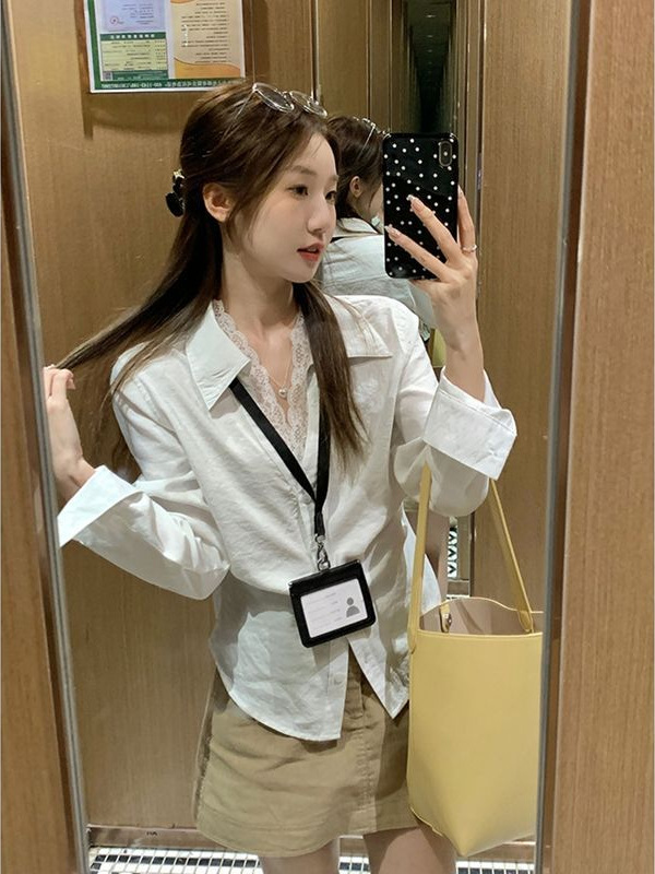 Cross-Border Women's Age-Reducing V-Neck Lace Women's Shirt Sun Protection Top Women's Autumn Autumn Women's Clothing Work Clothing