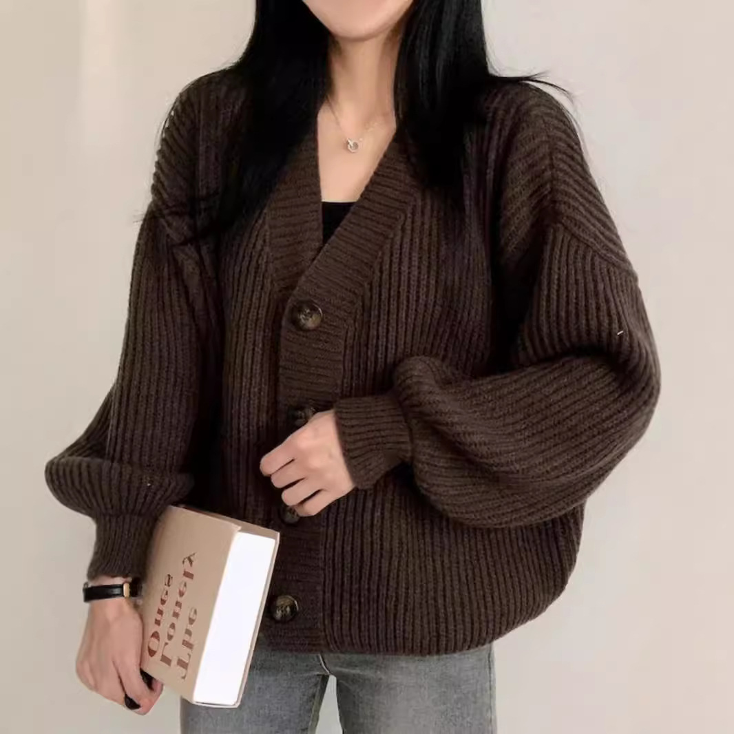 Picture of Early Autumn New Versatile Sweater Jacket for Women Loose Large Version Lazy Lantern Sleeve Warm Thick Knitted Cardigan Gray